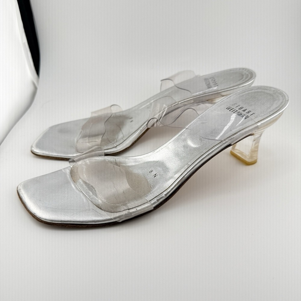 Stuart Weitzman Silver Lucite Kitten Heel Sandals 8 N Vintage Made In Spain Rare